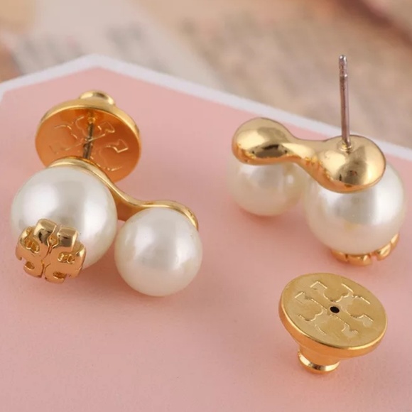 Tory Burch "Evie" Gold Double Drop Pearl Earrings - Picture 5 of 5